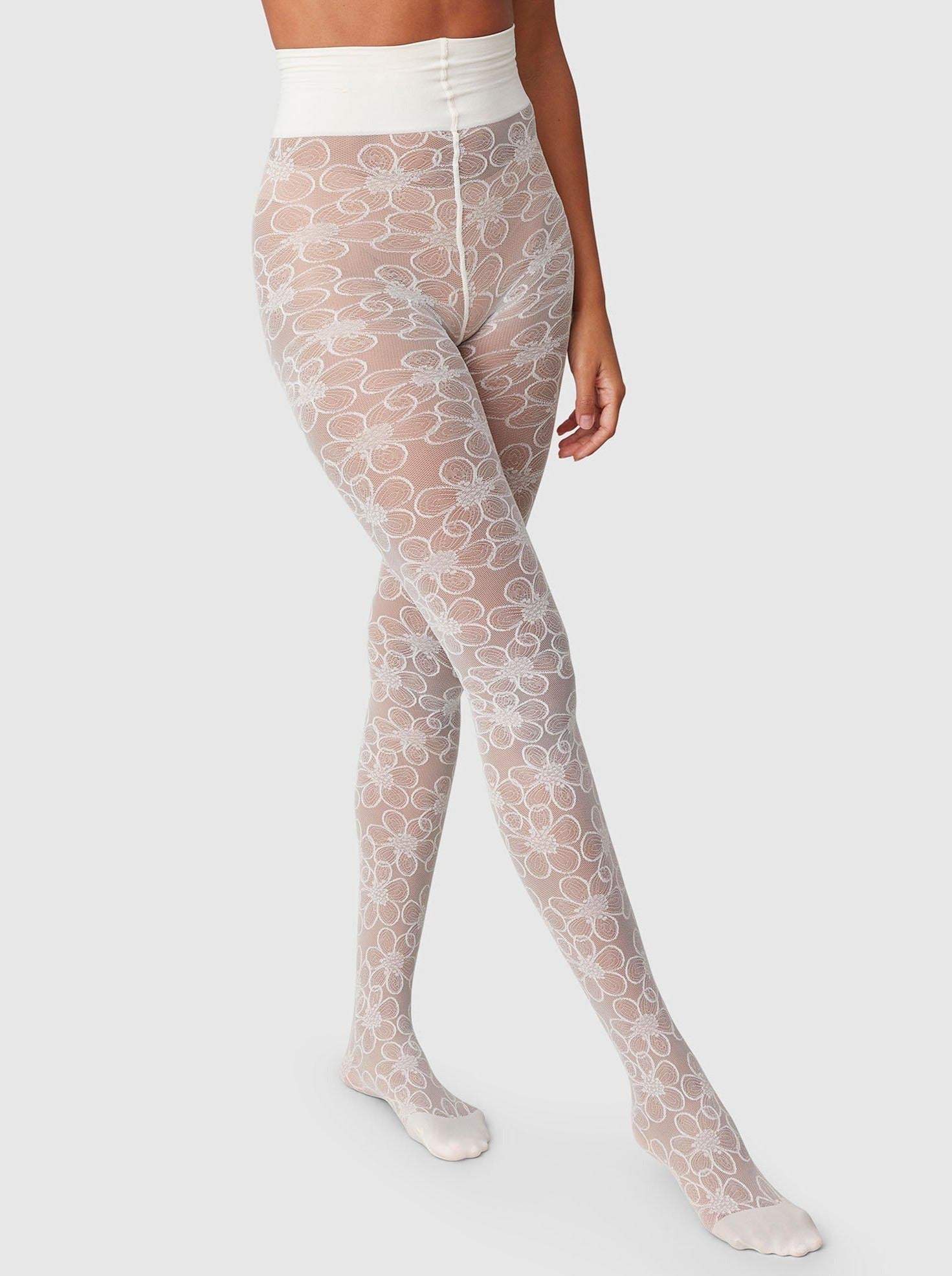 Cute Floral Border Mid Thick Stockings Tights, IVORY 